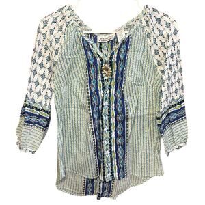 New Direction Boho Print Blouse Jewel Pendant 3/4 Sleeve Top Small